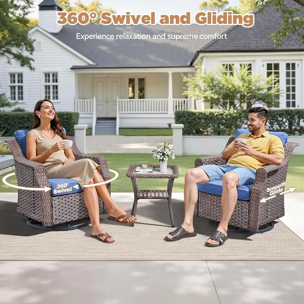 Kursi Anyaman Teras Rocker Putar-Kursi Rocker Putar Luar Ruangan Set Isi 2 dengan Semua Set Rocker Glider Anyaman Cuaca, Rotan Pe