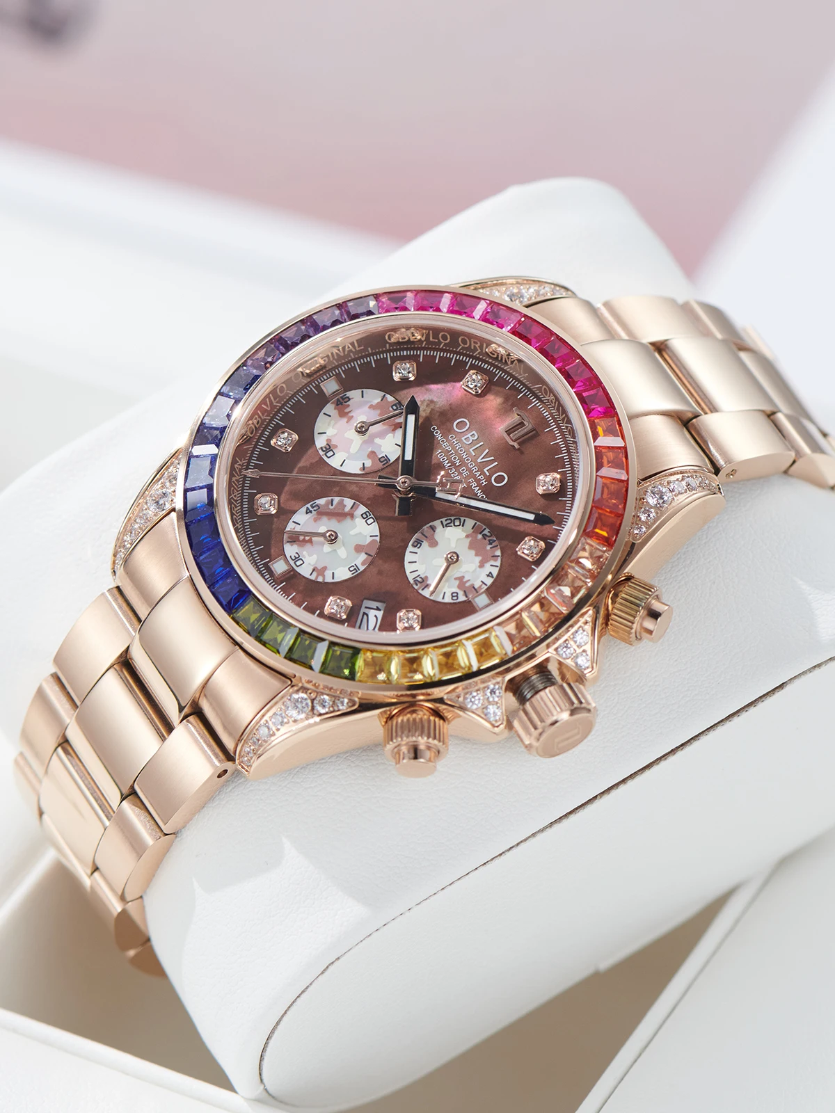 OBLVLO Men Chronograph Watch 40mm Quartz Wristwatch 5ATM Waterproof Sapphire Luminous Triple Windows Crystal Bezel