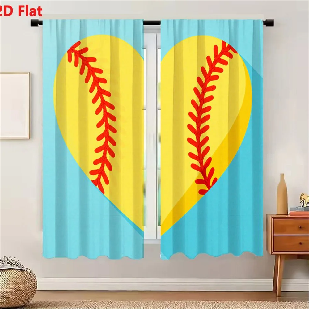 2Pcs Curtains 2D Flat Yellow Heart With Red Baseball Stitching On Light Blue Background, Simple Playful Design Blending Love And