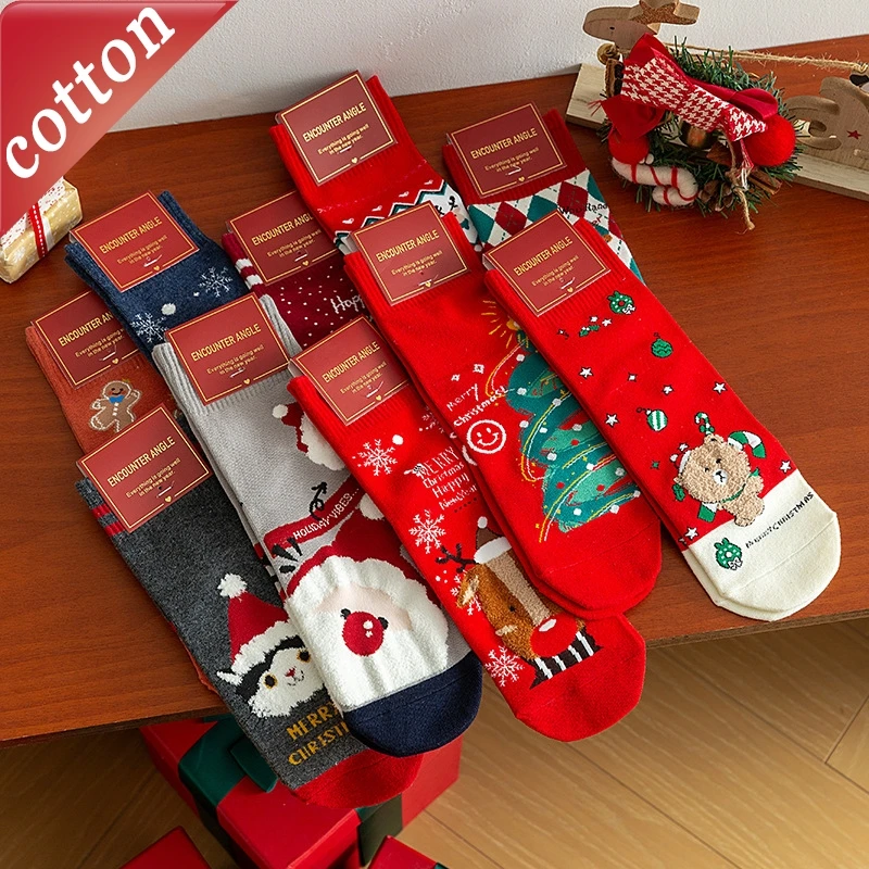 

5 Pairs Ladies' Socks Set Cute Artoon Christmas Kawaii Sweet Mid Tube Socks Autumn Winter Warm Comfortable Cotton Socks For Girl