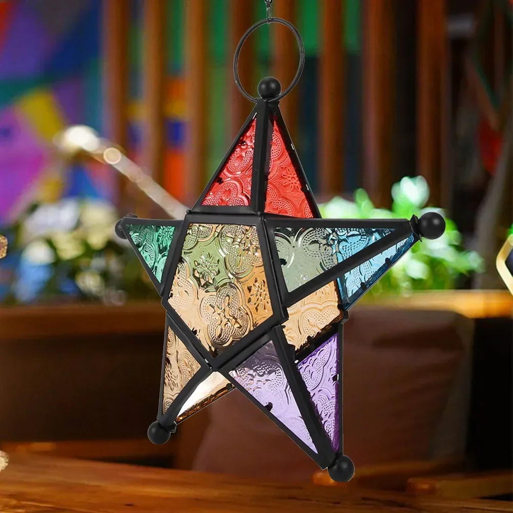Moroco Iron Style Coloured Glasses Lantern Garden Outdoor Terrace Ornament