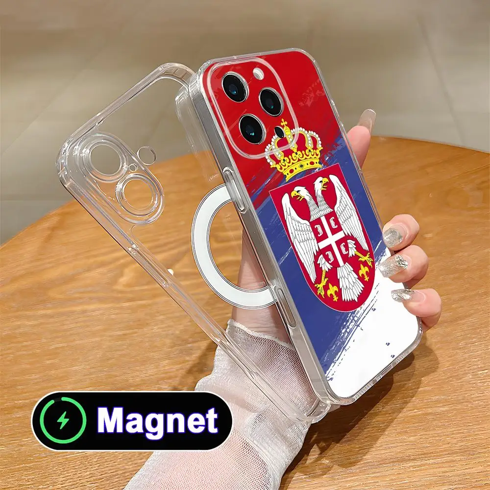 

Прозрачный чехол для телефона с флагом Сербии из TPU с поддержкой MagSafe для iPhone 17 16 15 14 13 12 11 Air Pro Max Plus Mini, цветной