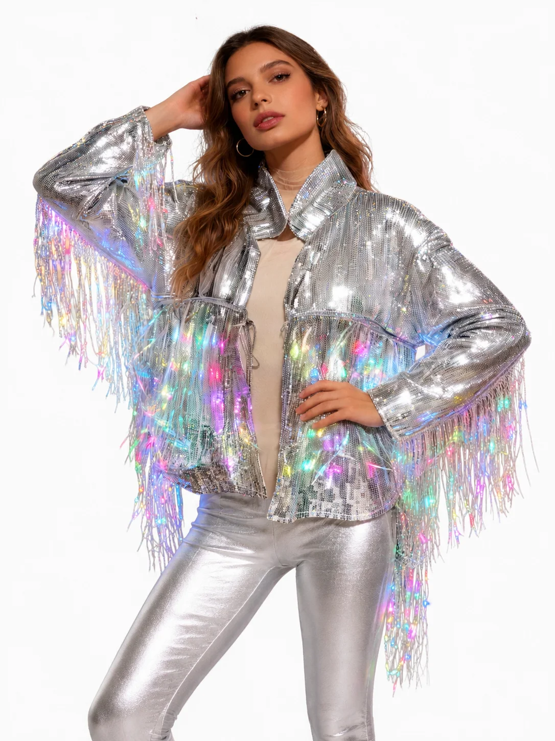 Women's Holographic Sequin Jacket with LED Light Up Fringe - Silver Iridescent Blouson Top for Rave, Festival, Stage Performance