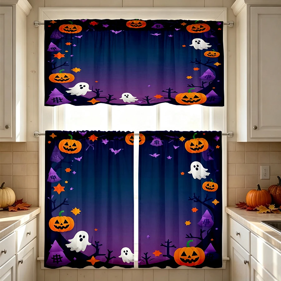 Halloween Fall Kitchen Curtains, Gradient Haunted House, Digital Print, Kitchen Dining Room, Rod Pocket Polyester, Home Decor