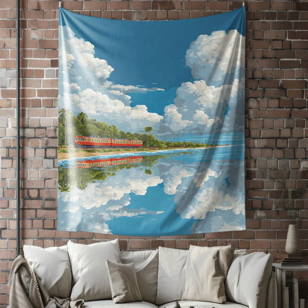 train moving through the clouds Digital printing polyester wall tapestry suitable for use in living rooms bedrooms bars party