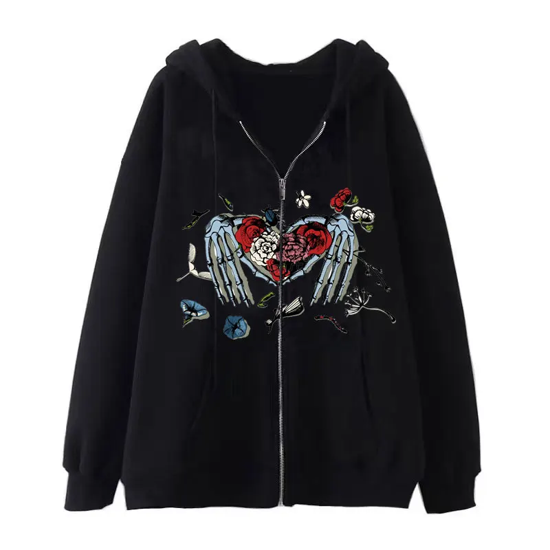 Rhinestones Spider Web Skeleton Print Black Y2k Goth Long-sleeve Full Zip Hoodies Oversized Jacket American Fashion Hot-selling