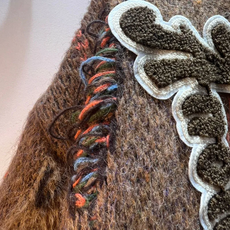 WTHT Fashion Women's Spliced Plush Badge Hole Knit Cardigan 2025 Winter Trendy V-neck Long Sleeves Sweater Female 1LS2771