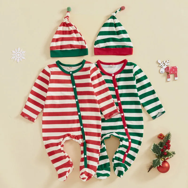 

RUEWEY 0 to 24 Months Christmas Baby Boy Romper Spring Autumn Clothes Casual Striped Button Long Sleeve Jumpsuit with Hat