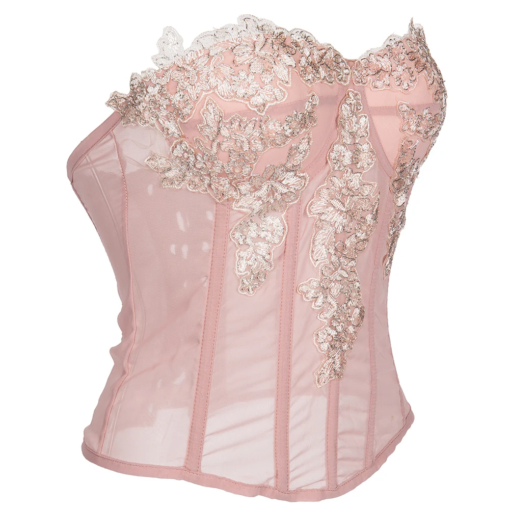 Pink Floral Embroidery Applique See Through Mesh Victorian Padded Push Up Corset Top Women Elegant Sexy Lingerie Gothic Clothing