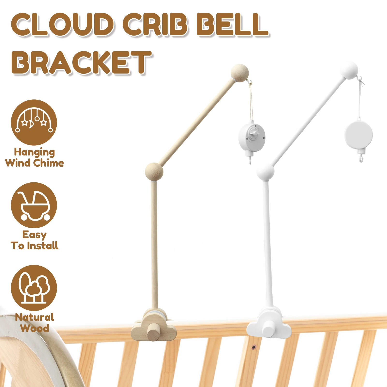 Baby Crib Mobile Arm 27inch Wooden Crib Mobile Holder with Clockwork Music Box Adjustable Angle Height Cot Mobile Arm Anti Slip