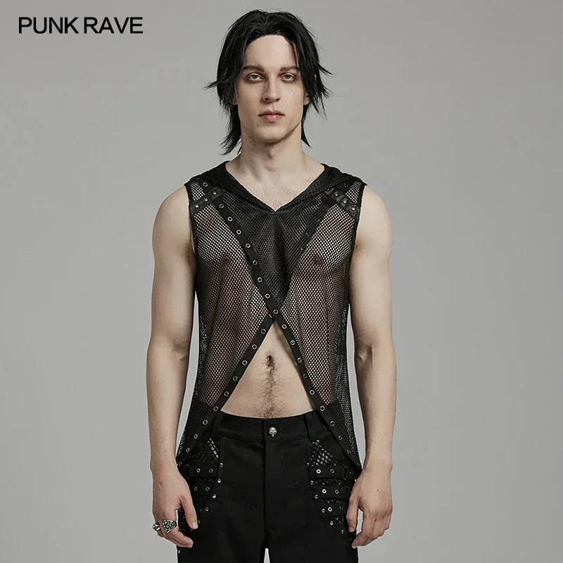 PUNK RAVE Men's Punk Style Unique Two-piece Hooded Vest Sexy Hollow Out Design Personalized Bold Cool Handsome Tops