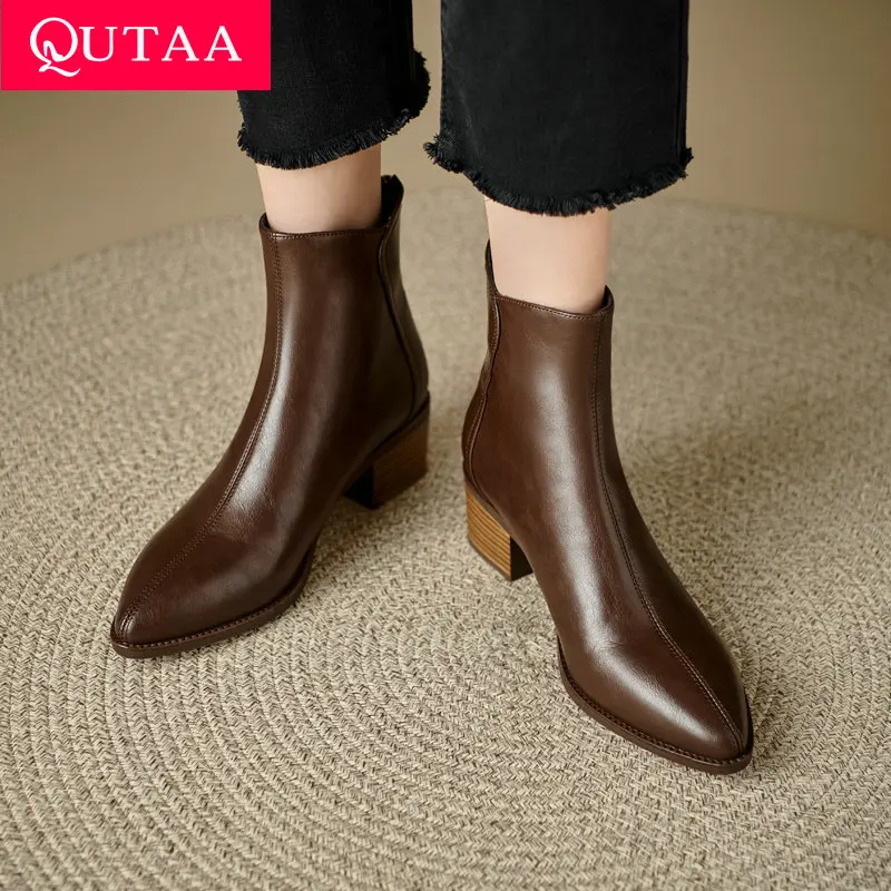 

QUTAA 2025 Fashion Women Ankle Boots Genuine leather Autumn Pointed Toe Short Boots Winter Heel Shoes Woman Black Size 34-41