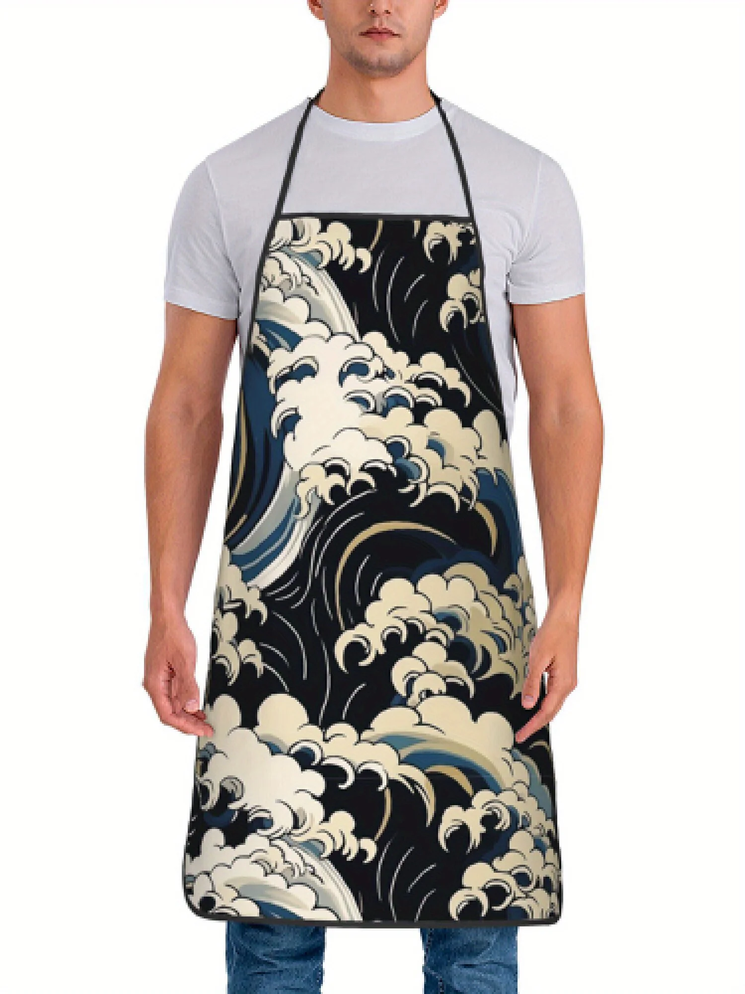 Apron Featuring a Printed Design of Japanese Waves, Suitable for Both Men And Women.