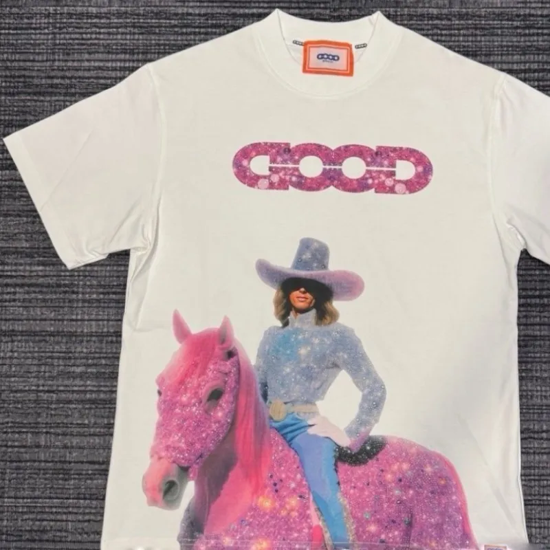 

26ss New Summer GOODBRAND Tshirts Sparkling Diamond Pink Horse Casual Streetwear Men Women White Round Neck Short Sleeve Tops