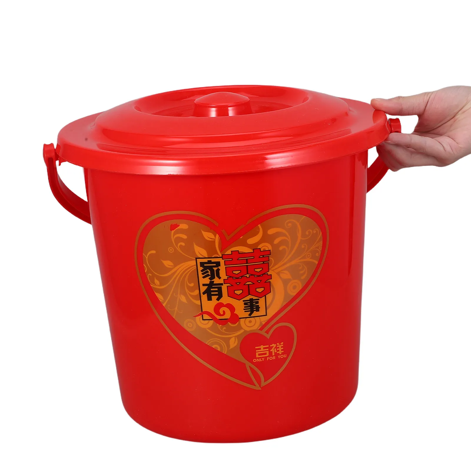 

Red Wedding Bucket Festive Cultural Ceremony Plastic Pail Handle Cover Portable Decorative Storage Bridal Shower