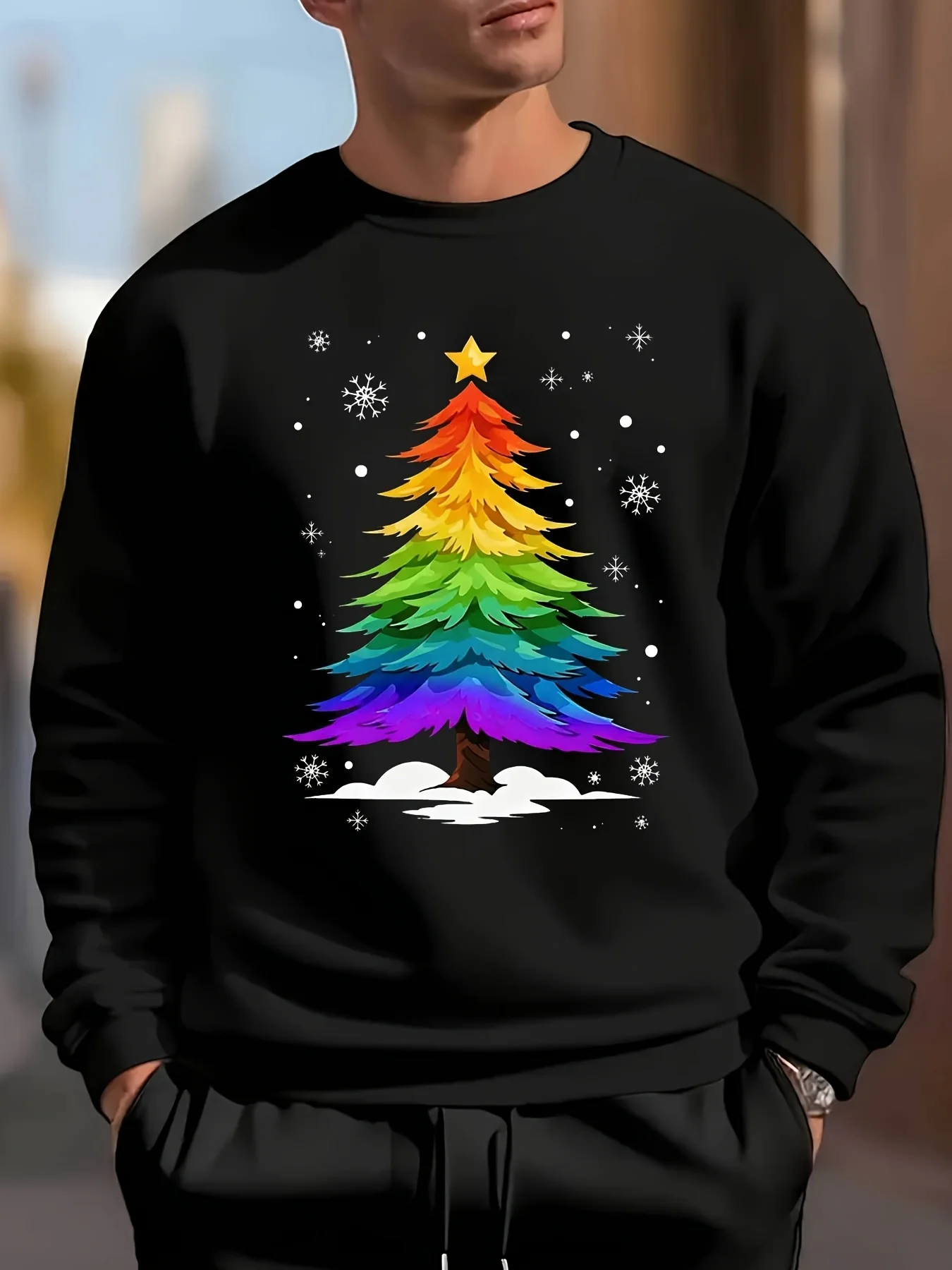 Men'S Christmas Tree Print Sweatshirt with Rainbow Colors - Comfortable Crewneck Pullover Featuring a Multicolored Holiday Sweater Design (Green, Purple, Pink, Yellow, Purple) - Long Sleeve Sweater for Winter, Spring, And Fall Celebrations