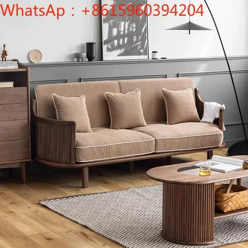 Nordic solid wood, black walnut, simple mortise and tenon, small living room, single, three-person detachable cloth sofa