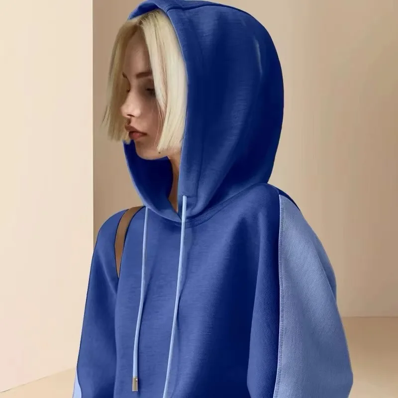 Blue Hoodie Women's Loose Casual Dstring Top Faionable Agel Spring 2024 New Arrival Comfortable Polyester Fiber