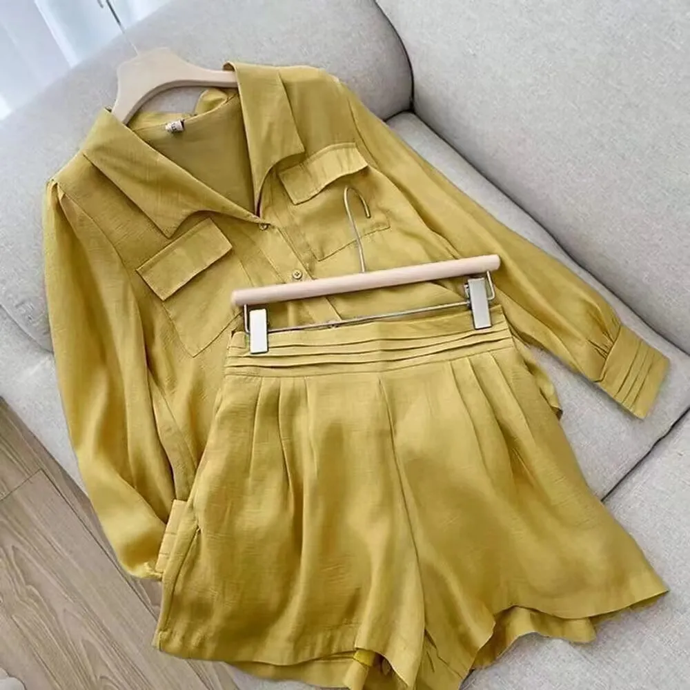 Fashion Long Sleeve Shirts And Shorts 2 Piece Sets Women 2024 Summer Casual Solid Pocket Tops Shorts Two Piece Sets For Women