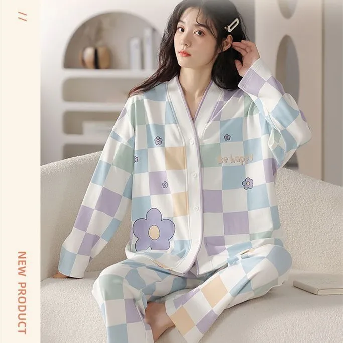 Spring Cotton Pajamas Women\'s Spring  Long-sleeved Home Loungewear Female Loose Casual Women Sleepwear Pajama Set Home Clothes