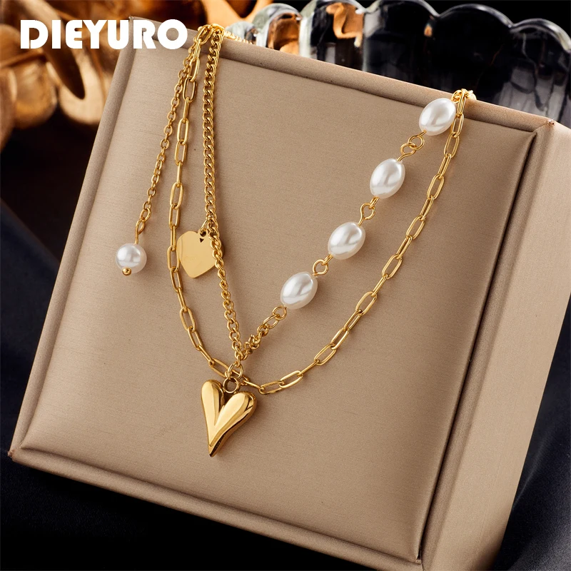 DIEYURO 316L Stainless Steel Pearl Heart Pendant Necklace For Women New Fashion Girls Multilayer Chain Party Jewelry Gift Bijoux