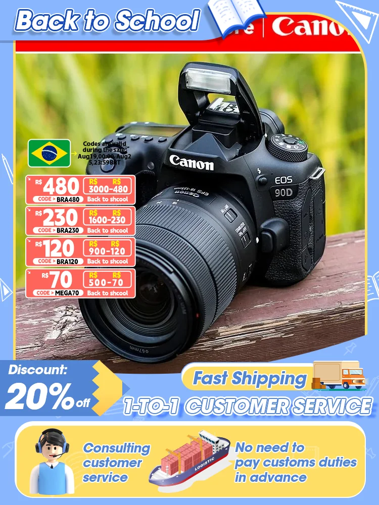 Canon EOS 90D DSLR APS-C Digital Compact Camera High Pixel Fotografica Profesional Camera With EF-S 18-55mm F4-F5.6 IS STM Lens