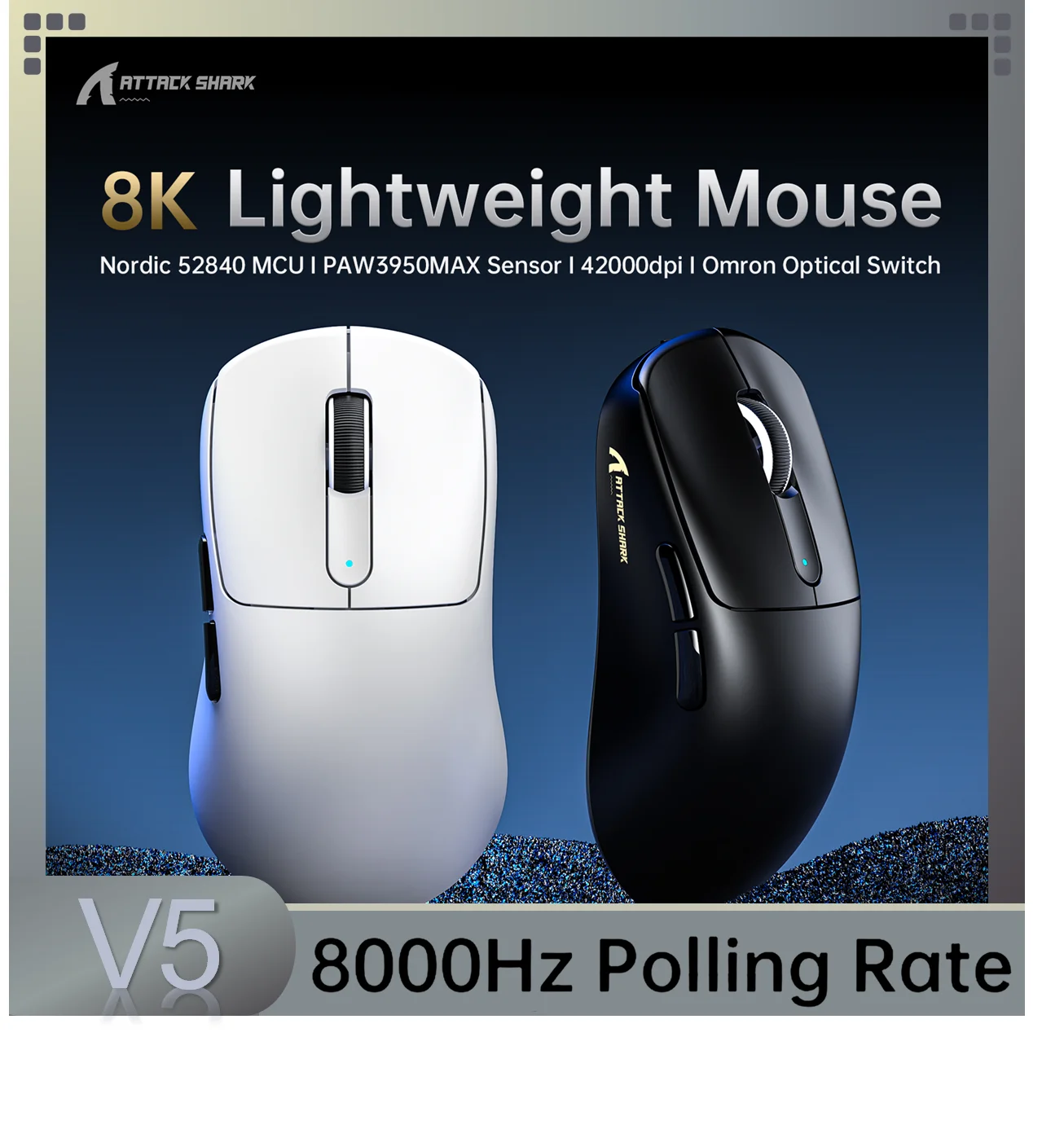 

Attack Shark V5 8KHzPolling Rate Wireless Gaming Mouse 42K DPI Ultra Lightweight Mouse, AW3950MAX Sensor 500mAh