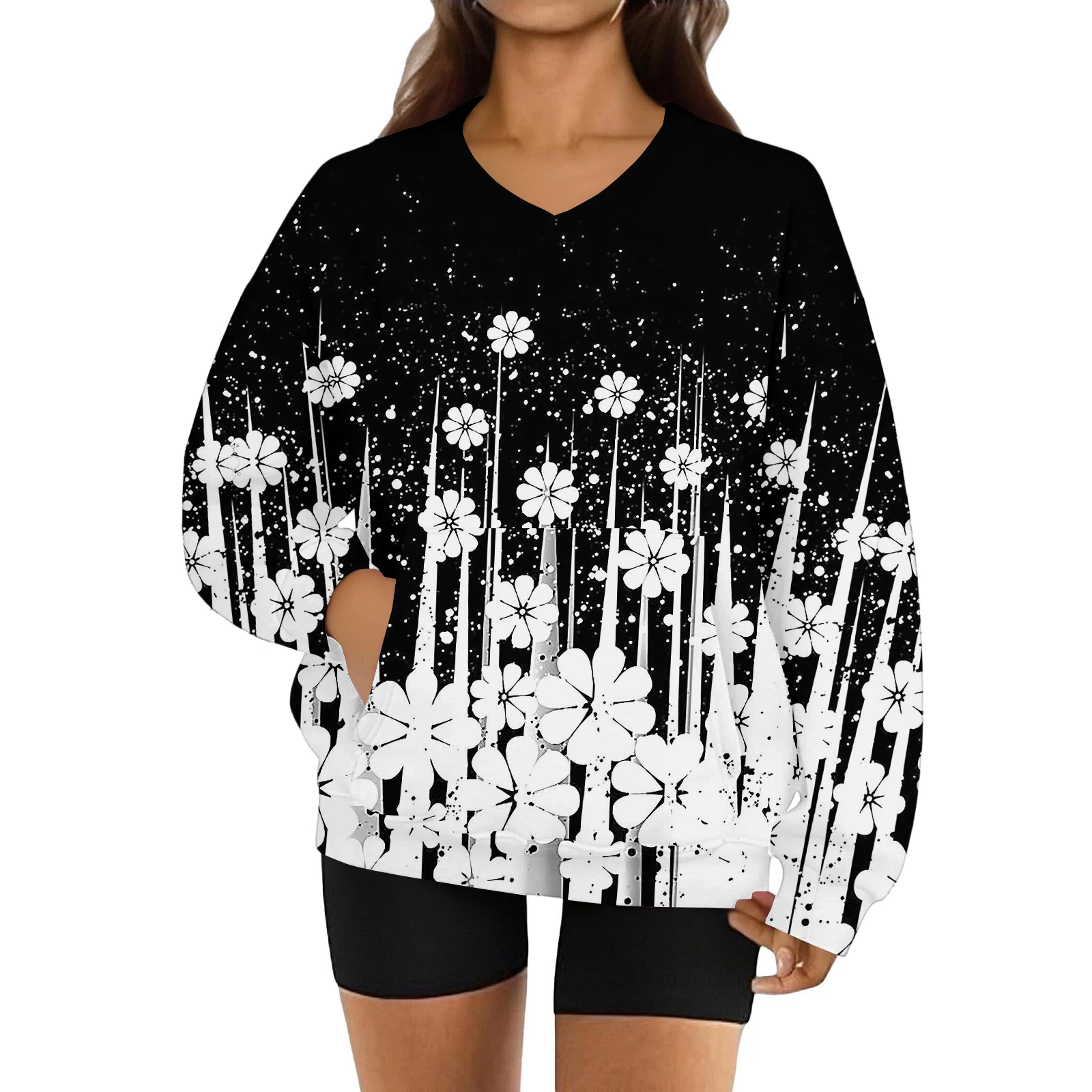المرأة الموضة الرجعية الأزهار طباعة طويلة الأكمام الخامس الرقبة البلوز هودي للإناث الخريف الملابس جيب هوديس متعدد الألوان Unis #2