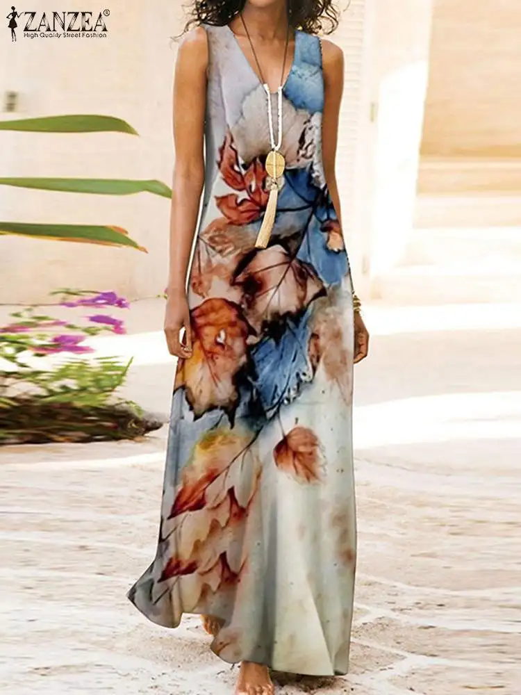 2023 ZANZEA Summer Bohemian Beach Maxi Long Dress Women V Neck Sleeveless Holiday Sundress Casual Floral Printed Vestido Sarafan