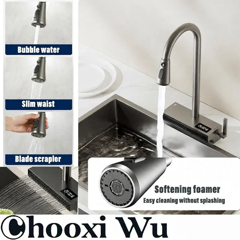 

Luxury LED Digital Display Kitchen Faucet Gunmetal Brass 1 Hole Pull-out 2 Modes Ceramic Valve Hot/Cold Water Sink Tap