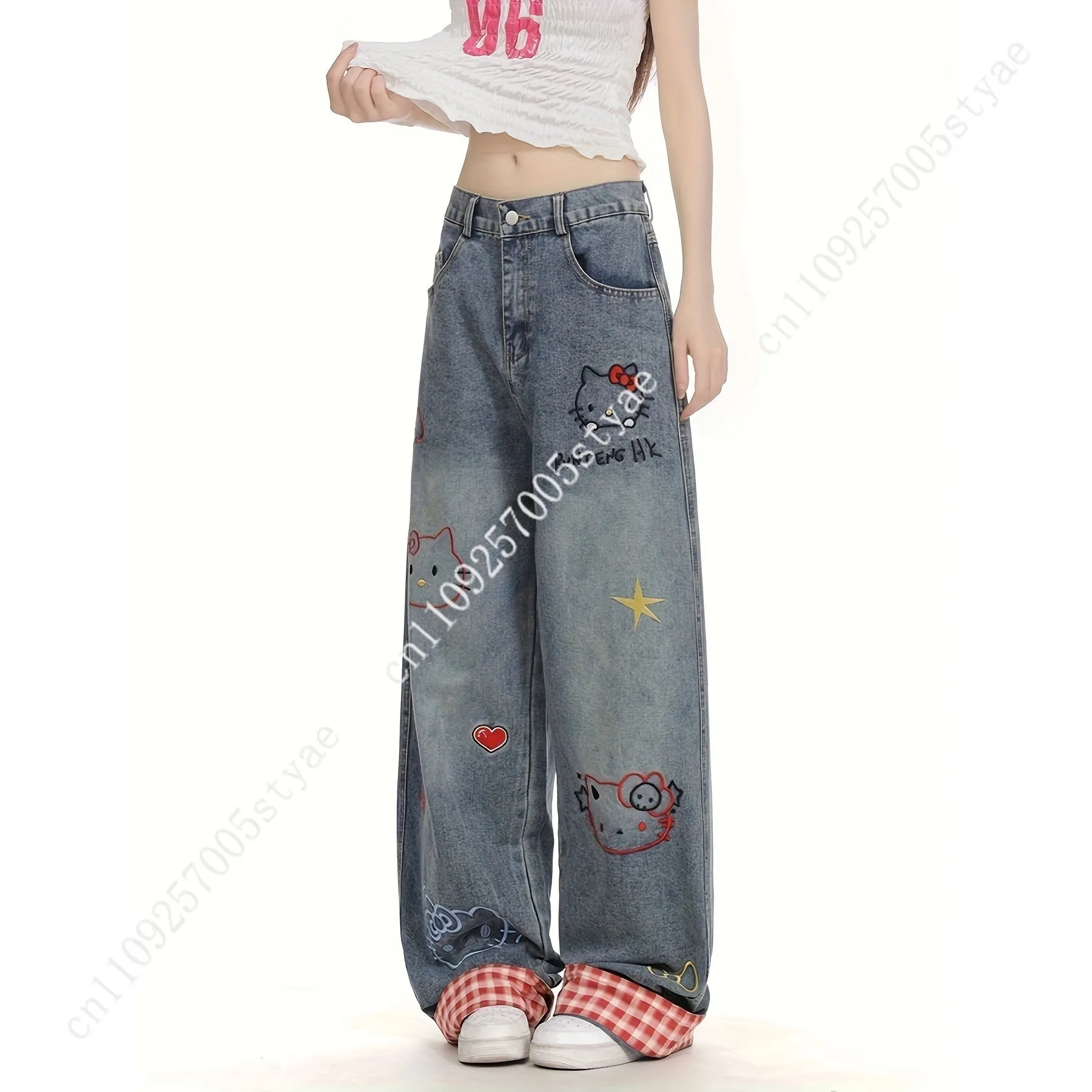 Hello Kitty Jeans Women's Wide Leg Jeans Casual High Waist Baggy Jeans Streetwear Preppy Clothes Pants view 3