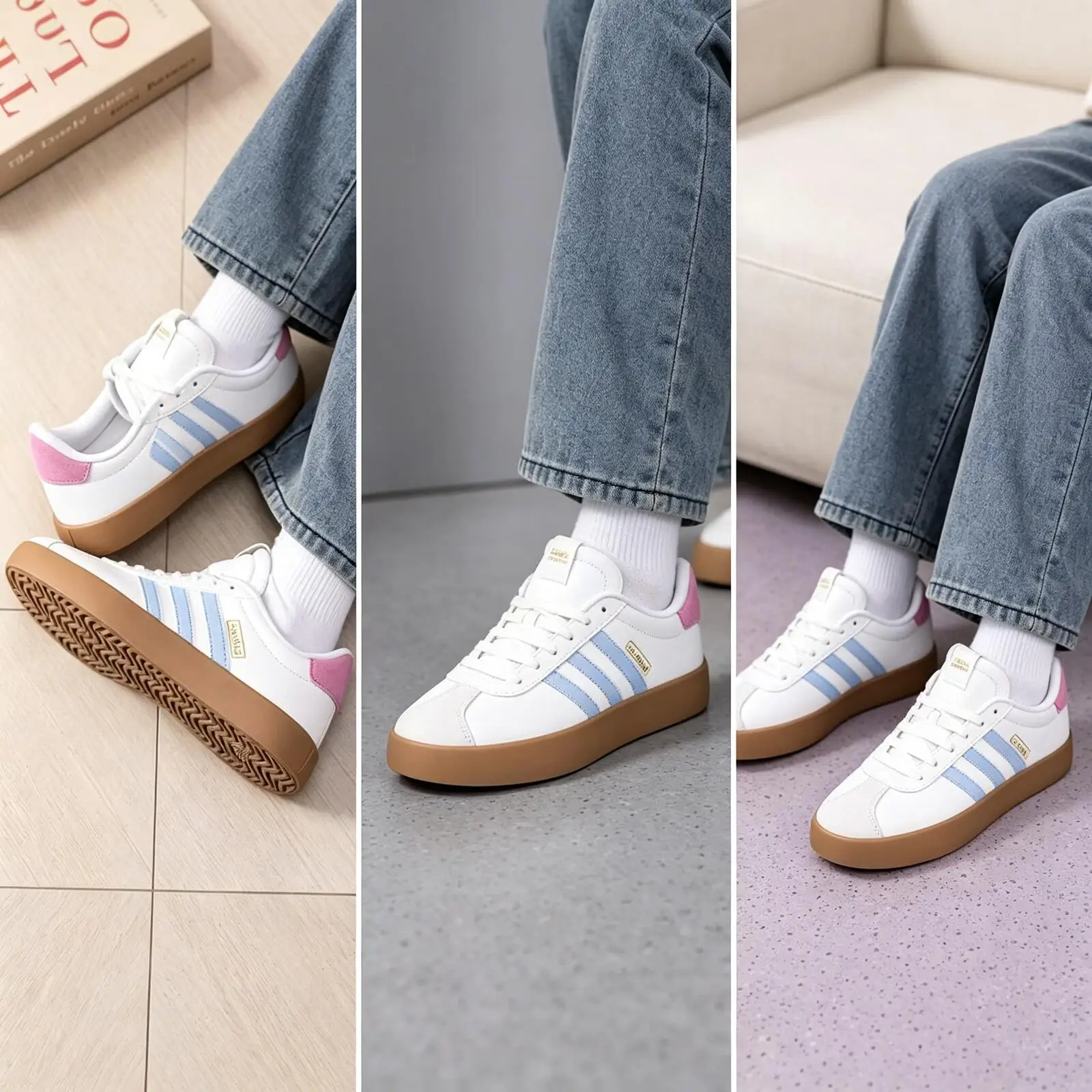 ADIDAS Zapatillas de Skate Bajas Populares Blancas y Azul Claro de Cuero con Etiqueta Dorada y Tres Rayas, Suela de Goma, para Hombre y Mujer IH4021