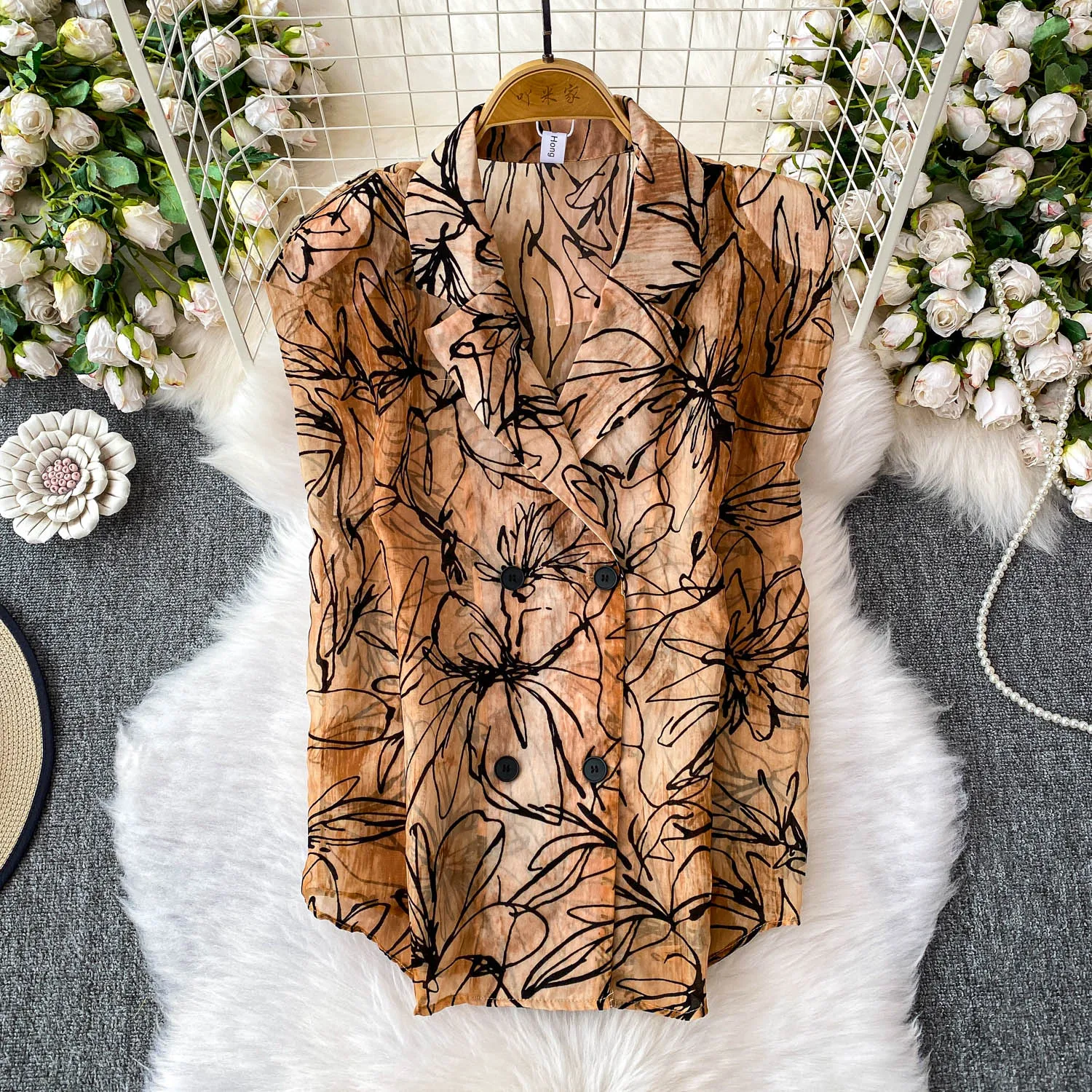 Blusa estampada para mujer, cuello de traje Svel holgado con almohadilla para el hombro, Top adelgazante con doble botón, Faion de viaje coreano