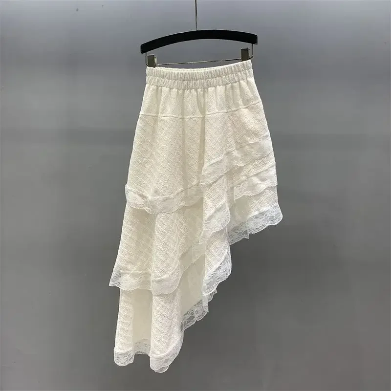 

2025 Summer New Lace Patchwork Faldas Mujer Elastic Waist A-line Skirt For Women Y2k White Irregular Mid-length Skirts