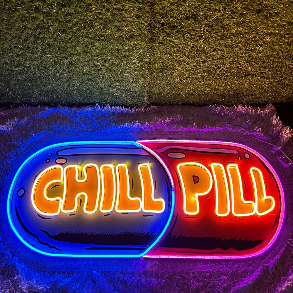 Chill Pill LED Neon Acrylique Artwork, Salon, Chambre à coucher, Décoration murale, Enseignes au néon, Bureau, Maison, Extérieur, Face btNeon Light