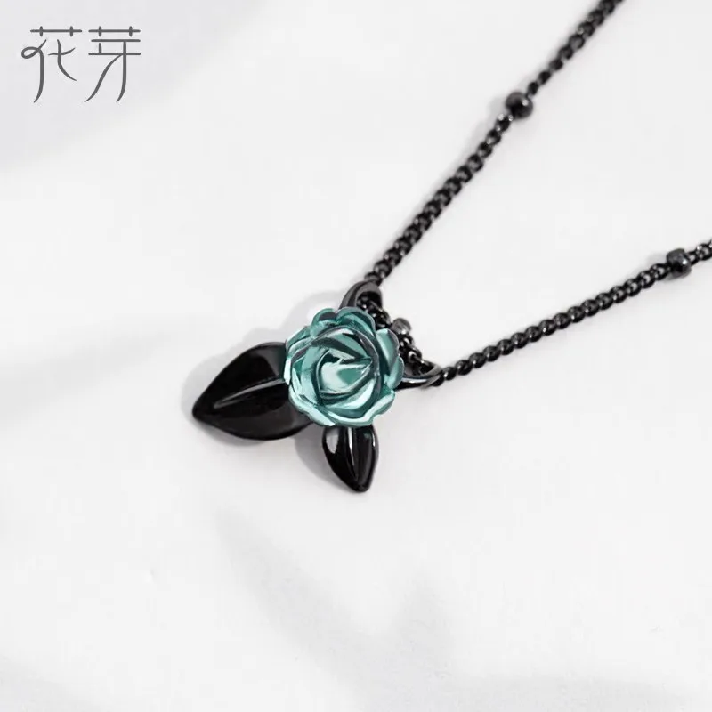 Thaya 100% S925 Silver Women Necklace Blue Rose Flower Crystal Pendant Necklace Vintage Necklace for Ladies Plant Party Jewelry