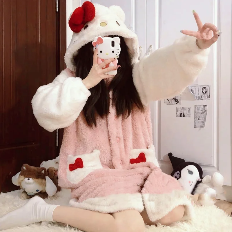 

Sanrio Kawaii Winter Hello Kitty Robes Cartoon Ins Coral Fleece Pajamas Thick Warm Cute Pijamas Women Home Wear Pink Nightgowns