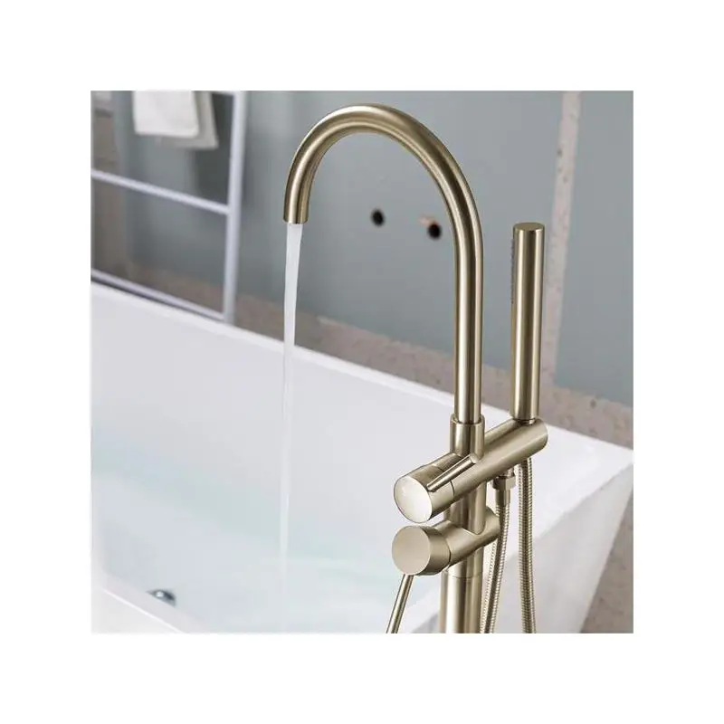 

Freestanding Bathtub Faucet with Handheld Shower Mixer, Brushed Gold High Flow Tub Filler, Swivel Spout Design