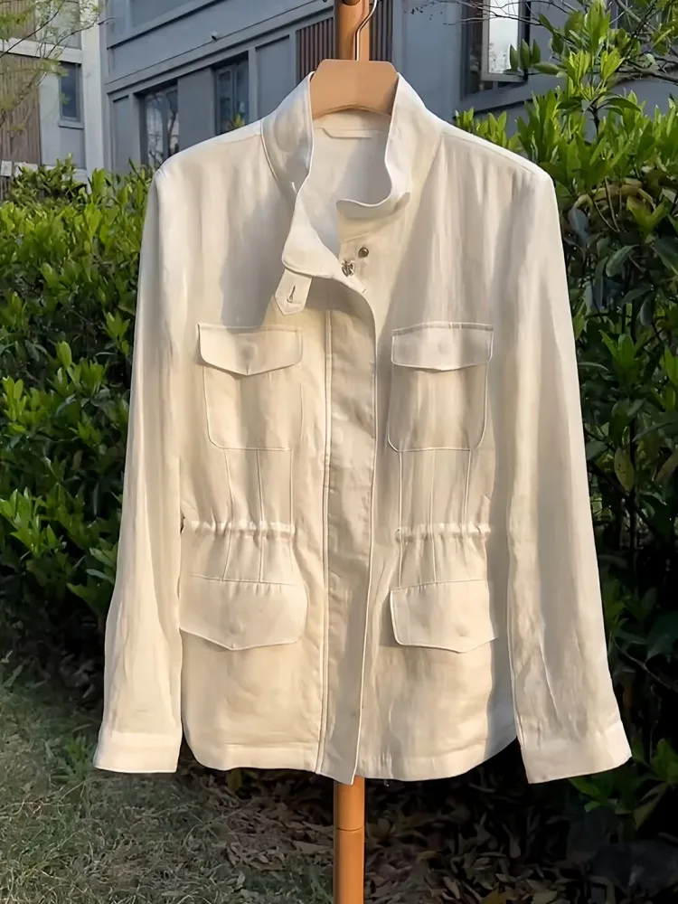 Office Ladies Work Slim Waist Multi Pockets Jacket Women Stand Collar Vintage Outerwear Coat Spring Autumn Casual Jacket