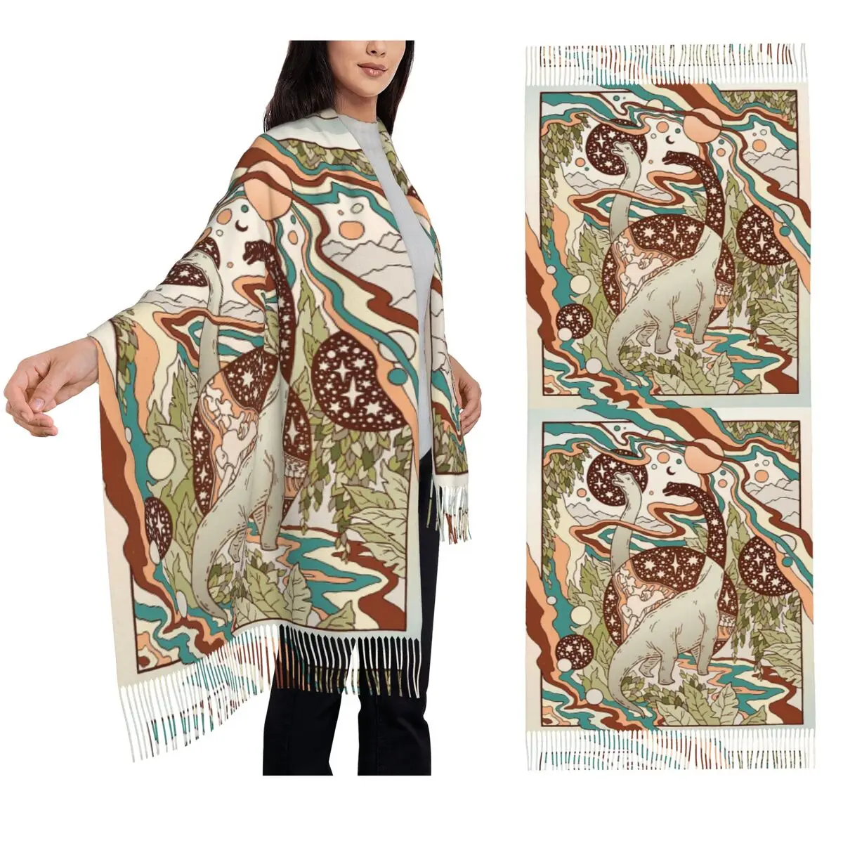 

Портал Юрского периода Радужная палитра Динозавр Научная фантастика Художественный шарф Шарфы с кисточками Шали и накидки Большая осенне-зимняя шаль