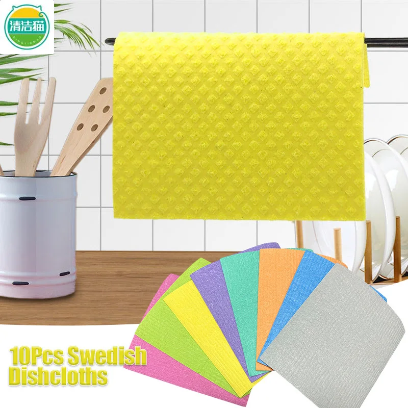 10pc Reusable Dishcloth Magic Cleaning Cloth Kitchen Absorbent Rag Towel Cellulose Swedish Dishcloth Wood Pulp Sponge Dish Cloth