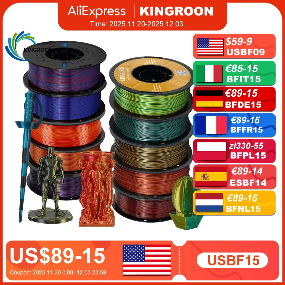 

KINGROON Silk Dual-color PLA Filament 3D Printer 1.75mm 11/22 lbs Silk PLA Filament Plastic Materials 3D Printing Special Color