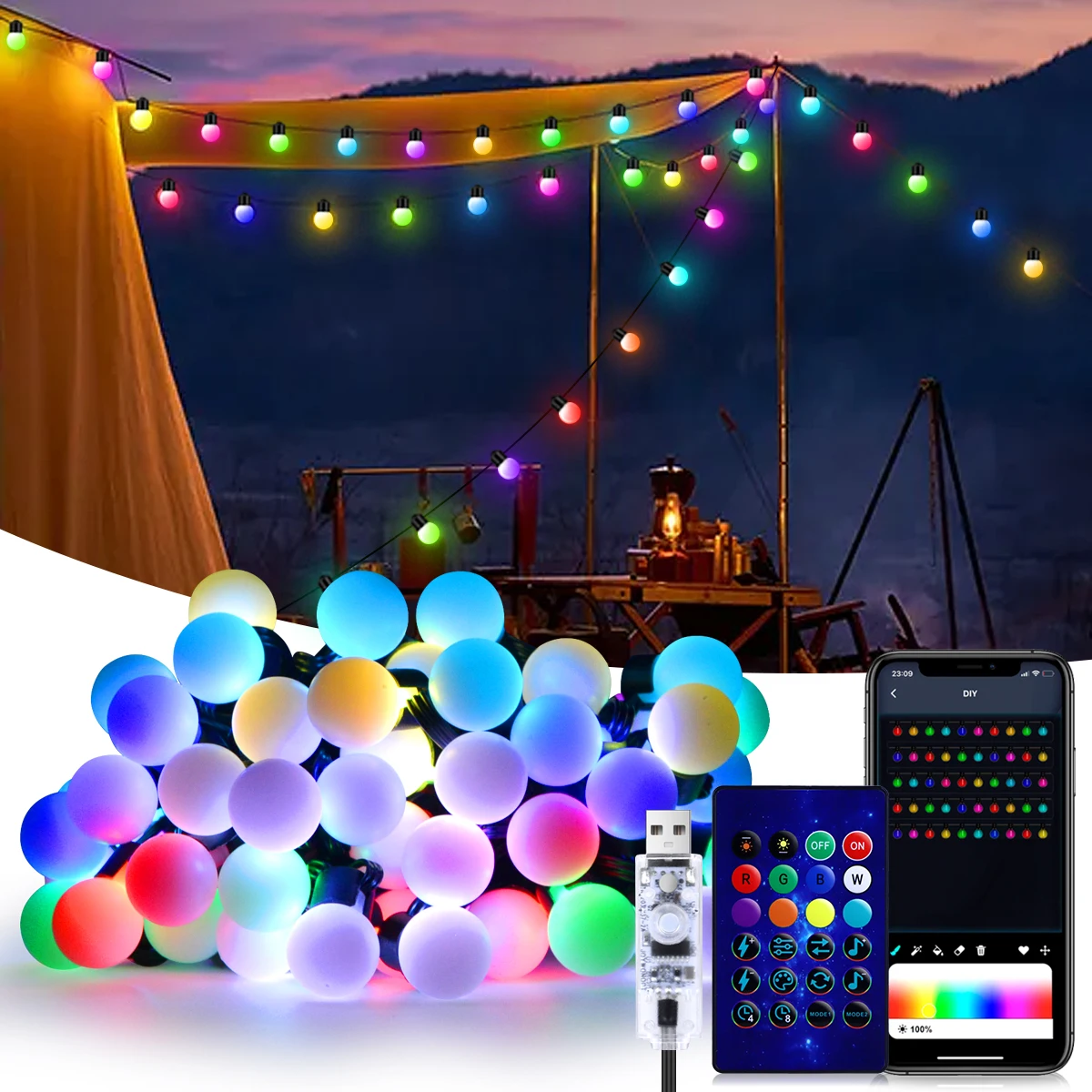 

USB Bluetooth Colorful G18 LED String Light 10M 50 Blubs Fairy Lights Christmas Bedroom Outdoor Garden Camping Decor LED Garland