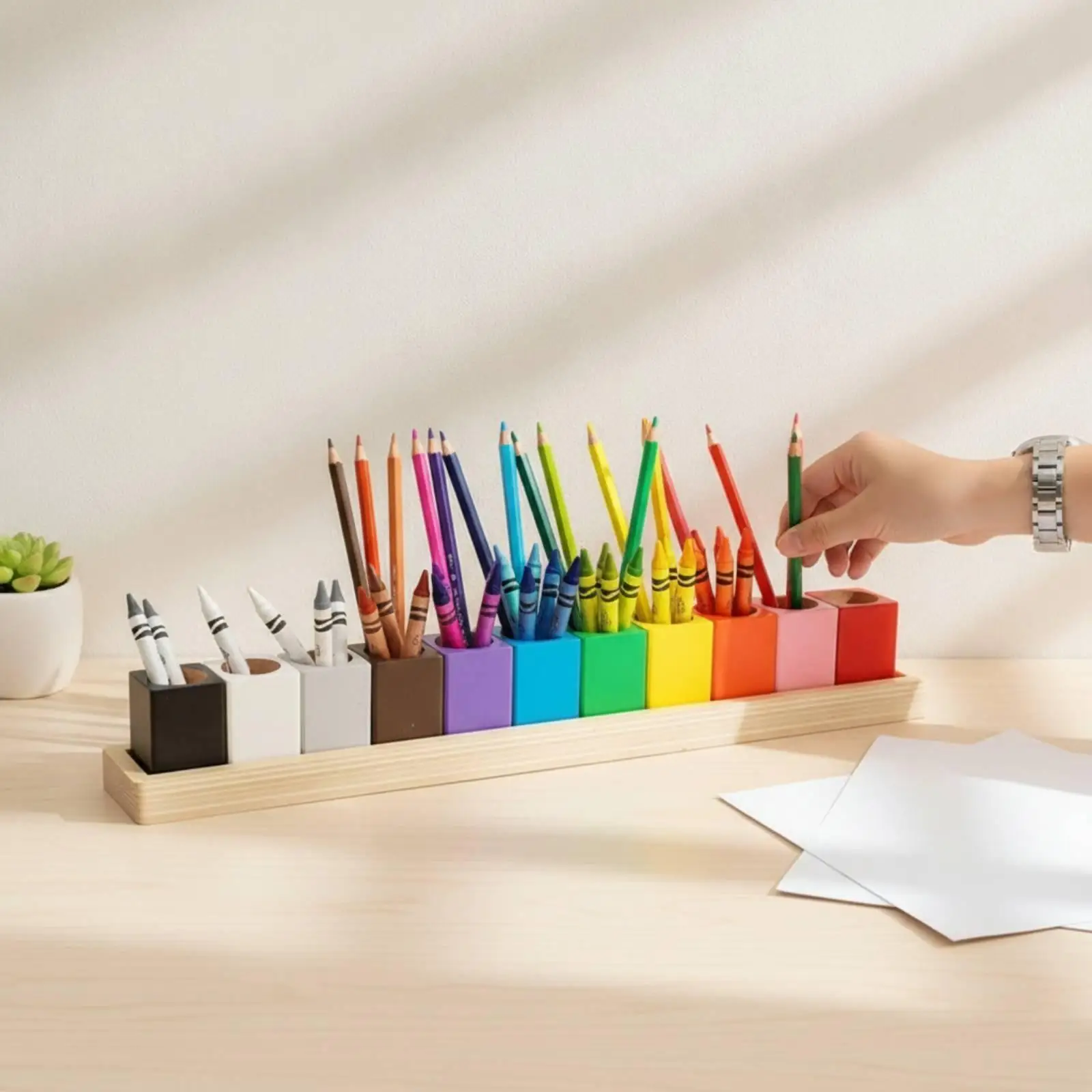 Wooden Pen Holder with Cups Multi-Color Desktop Pencil Cup Organizer Colorful