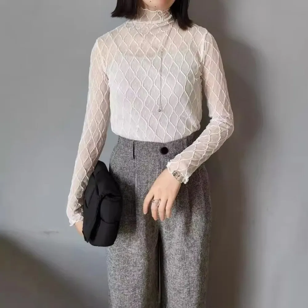 Sexy Elegant Turtleneck Top Solid Color Mesh Fabric Lace Top Hollow Pattern Breathable Mesh Top for Women