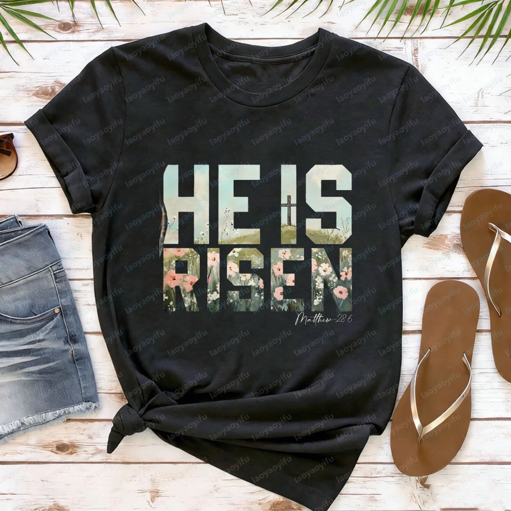 He Is Risen Matthew 28 6 Easter T Shirt for Women Christian Religious Graphic Tees Casual Short Sleeve Faith Based Holiday Tops