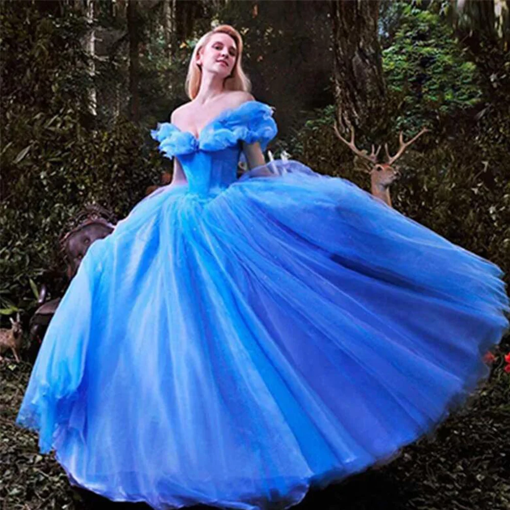 Novo filme azul/branco cinderela querida luxo fora do ombro vestido de casamento rendas até sem costas adulto vestido de baile feito sob encomenda