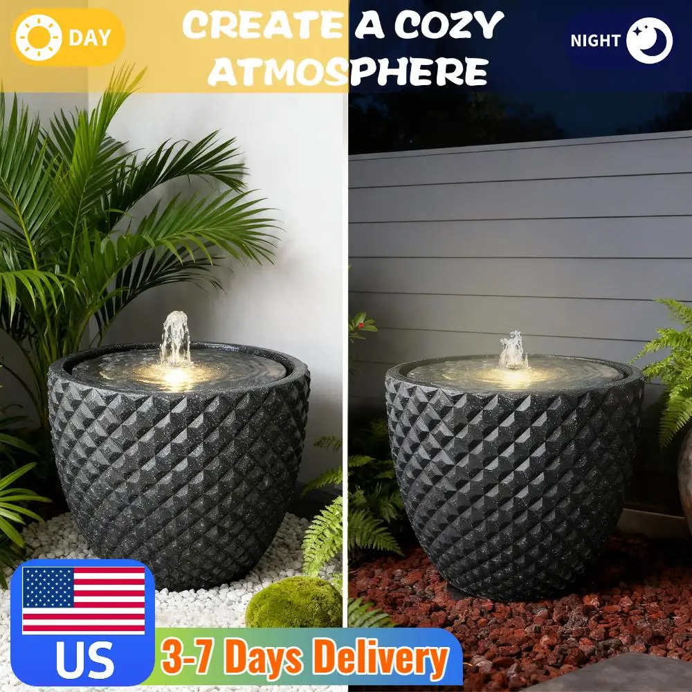

14 Inch Solar Water Fountain Bubble Up Fountains Round Stone Solar Powered with LED Lights & Pump for Garden Patio Deck Porch