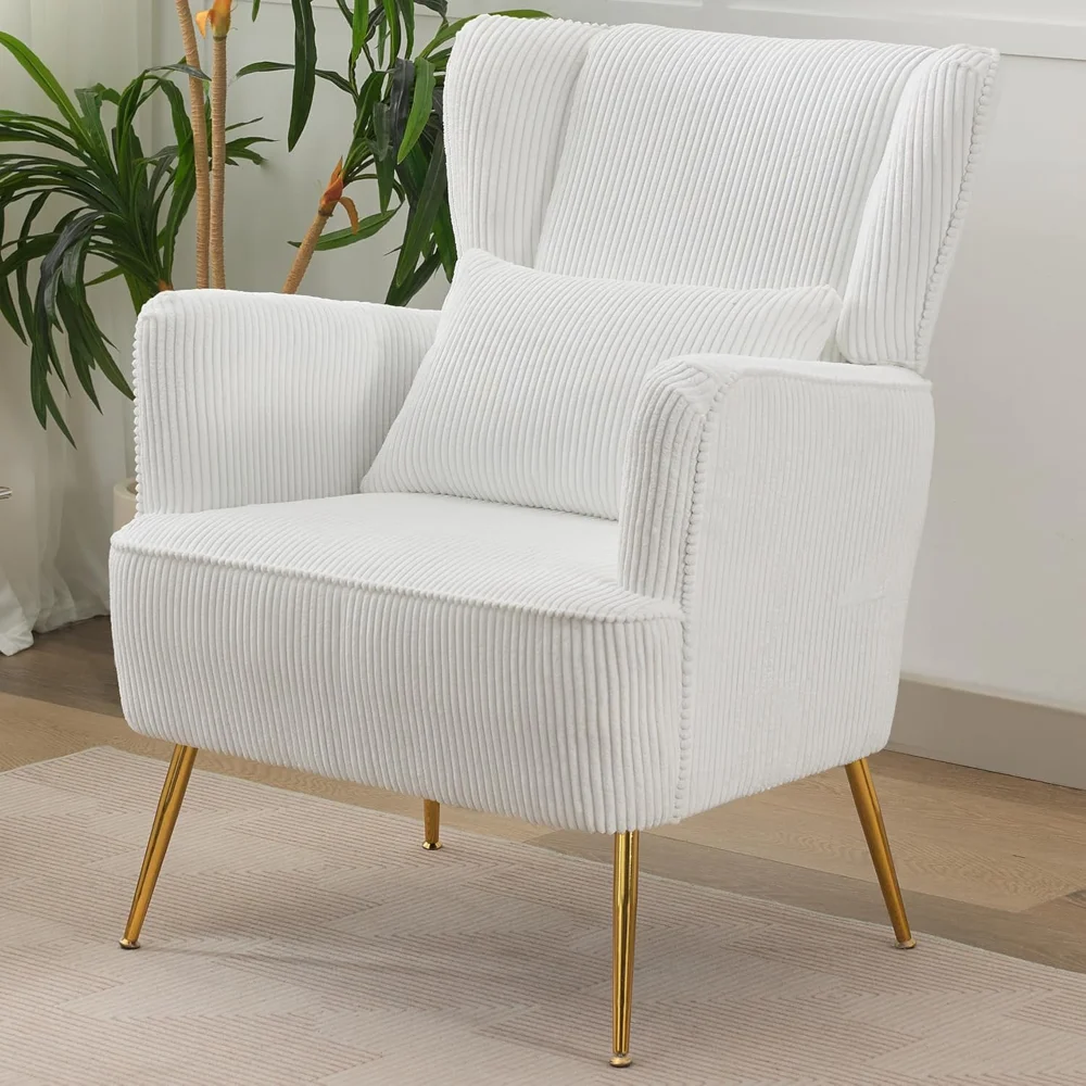 

Corduroy Accent Living Room Arm Chair with Pillow & Golden Legs, 8.5" Thick Cushion, Mid Century Modern Wingback Chairs