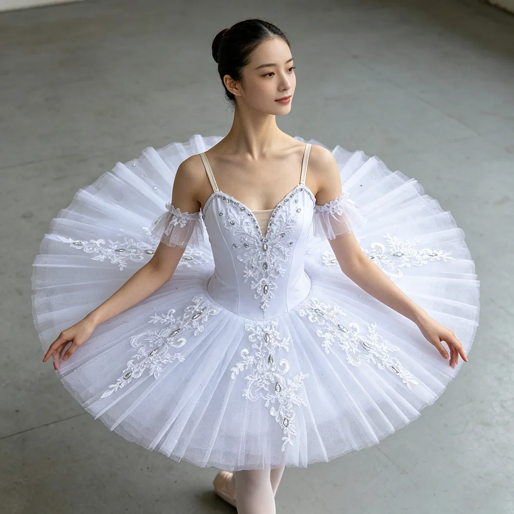 Tutu de ballet classique professionnel pour adultes et enfants, tutu plat Cygne Blanc, costume de danse de ballerine pour fête, robe de ballet pour filles et femmes